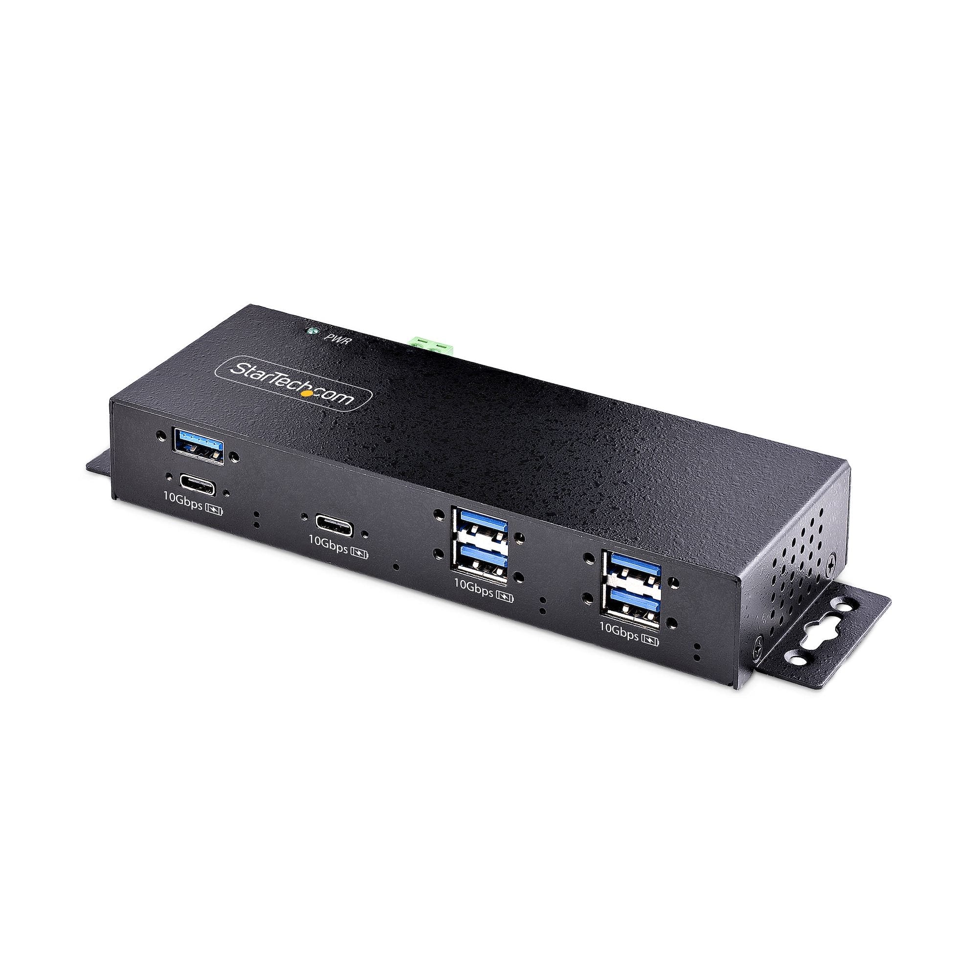 7-Port Industrial USB 10Gbps Hub with Power Adapter, Metal, Mountable, 5x USB-A and 2x USB-C Downstream Ports, ESD Protection, Powered USB Hub, TAA 