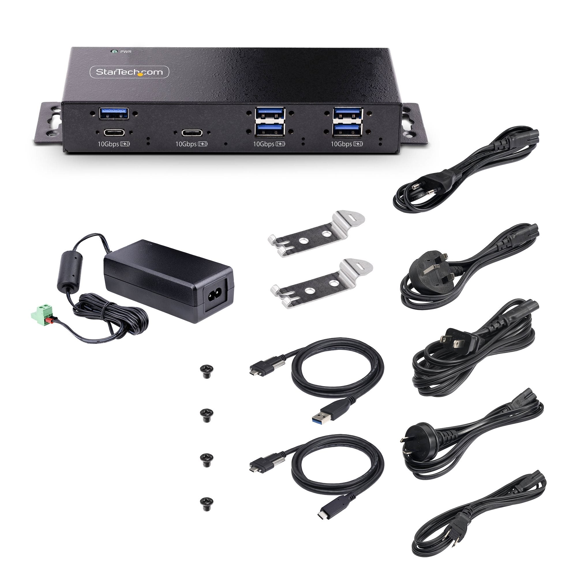 7-Port Industrial USB 10Gbps Hub with Power Adapter, Metal, Mountable, 5x USB-A and 2x USB-C Downstream Ports, ESD Protection, Powered USB Hub, TAA 