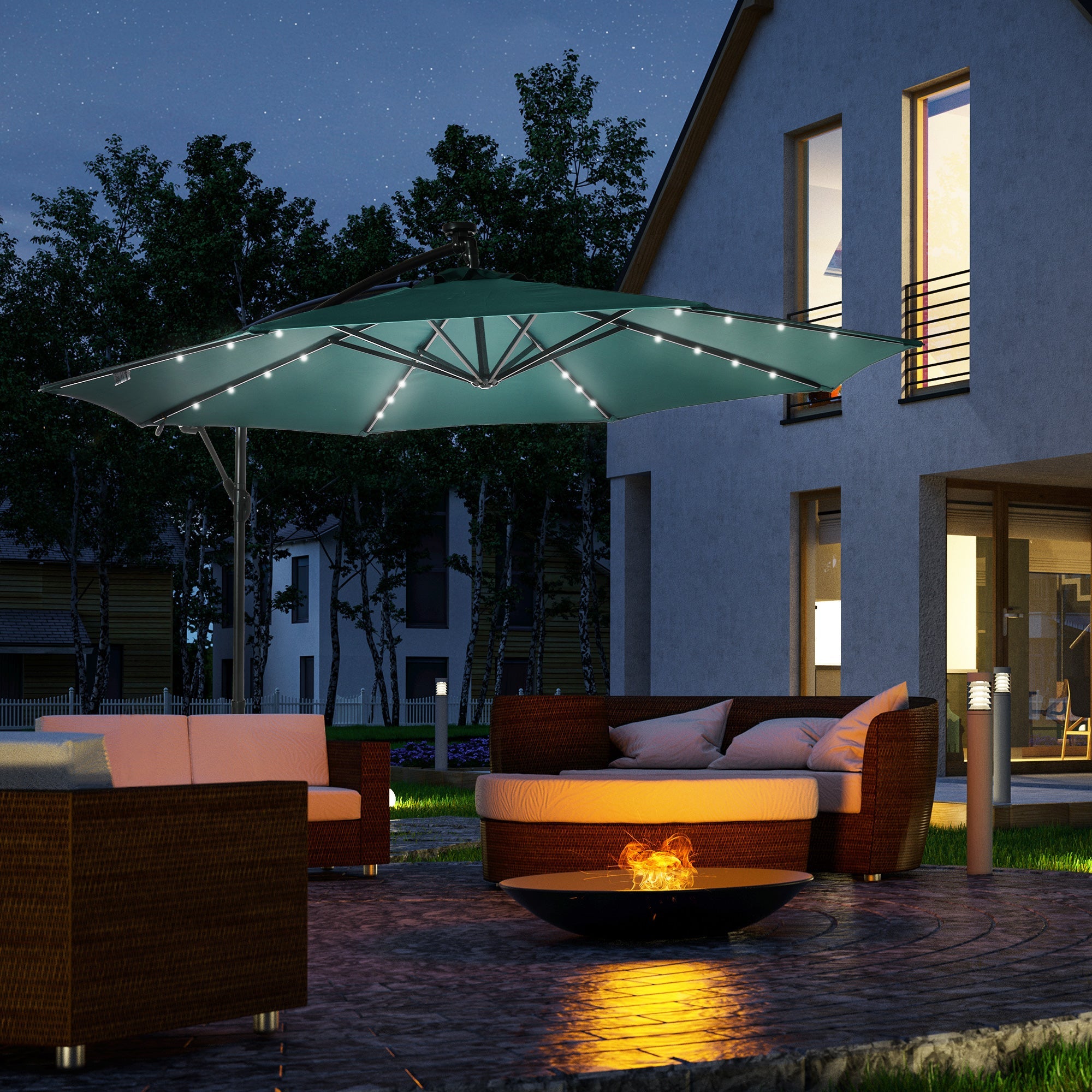 Outsunny 10ft Solar LED Cantilever Umbrella: Outdoor Banana Parasol with Lights & Adjustable Angle for Backyard, Dark Green 