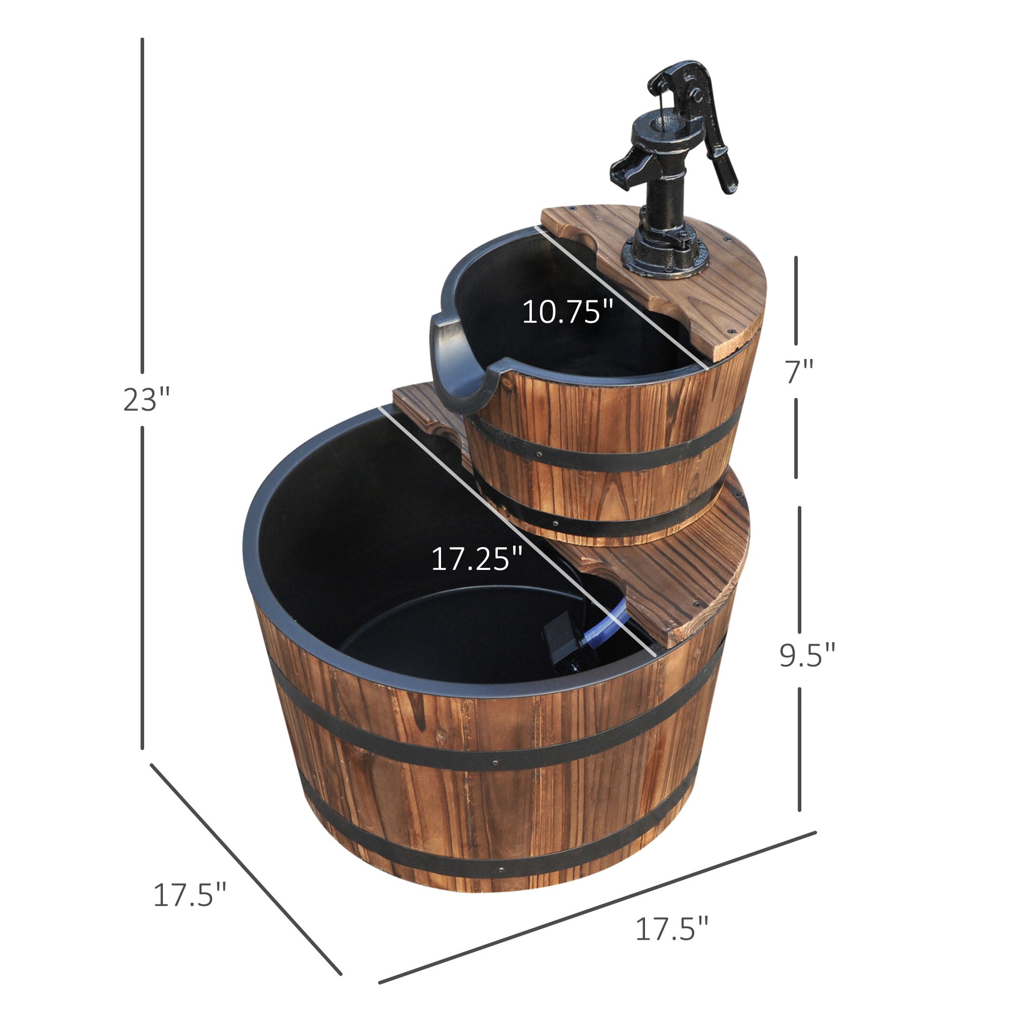 Outsunny 2-Tier Wooden Barrel Water Fountain with Electric Pump Cascading Feature Outdoor Indoor Decoration 