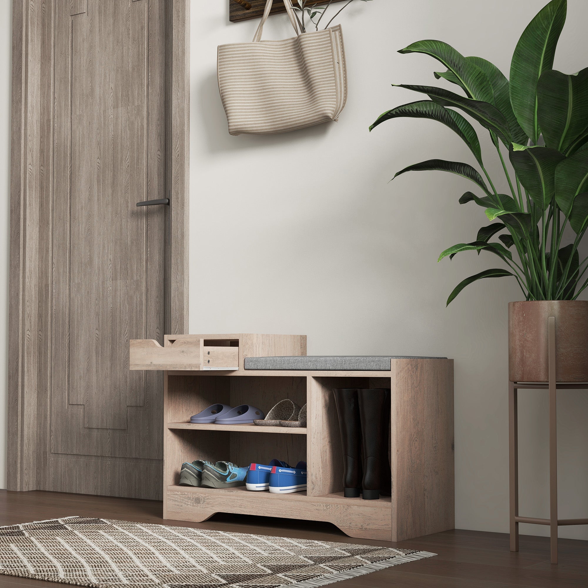 HOMCOM Upholstered Shoe Storage Bench, Hallway Shoe Storage with Seat, Drawer, 3 Open Shelves for Entryway, Grey 