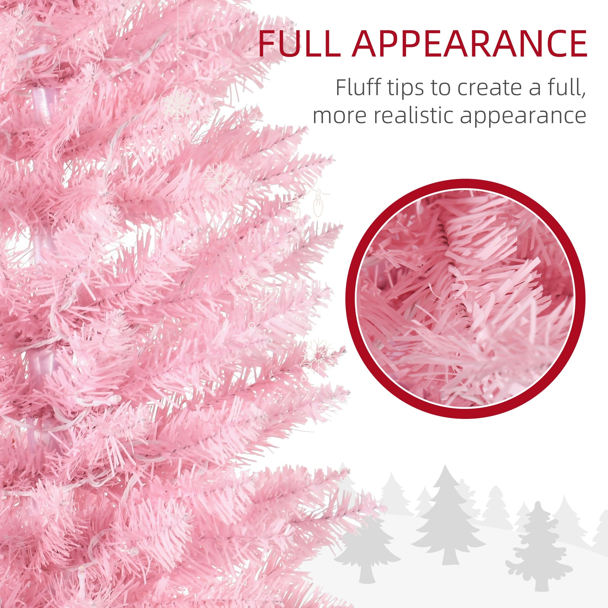 HOMCOM 7' Pre Lit Artificial Pencil Christmas Trees, Xmas Tree with Realistic Branches and Warm White LED Lights, Pink 