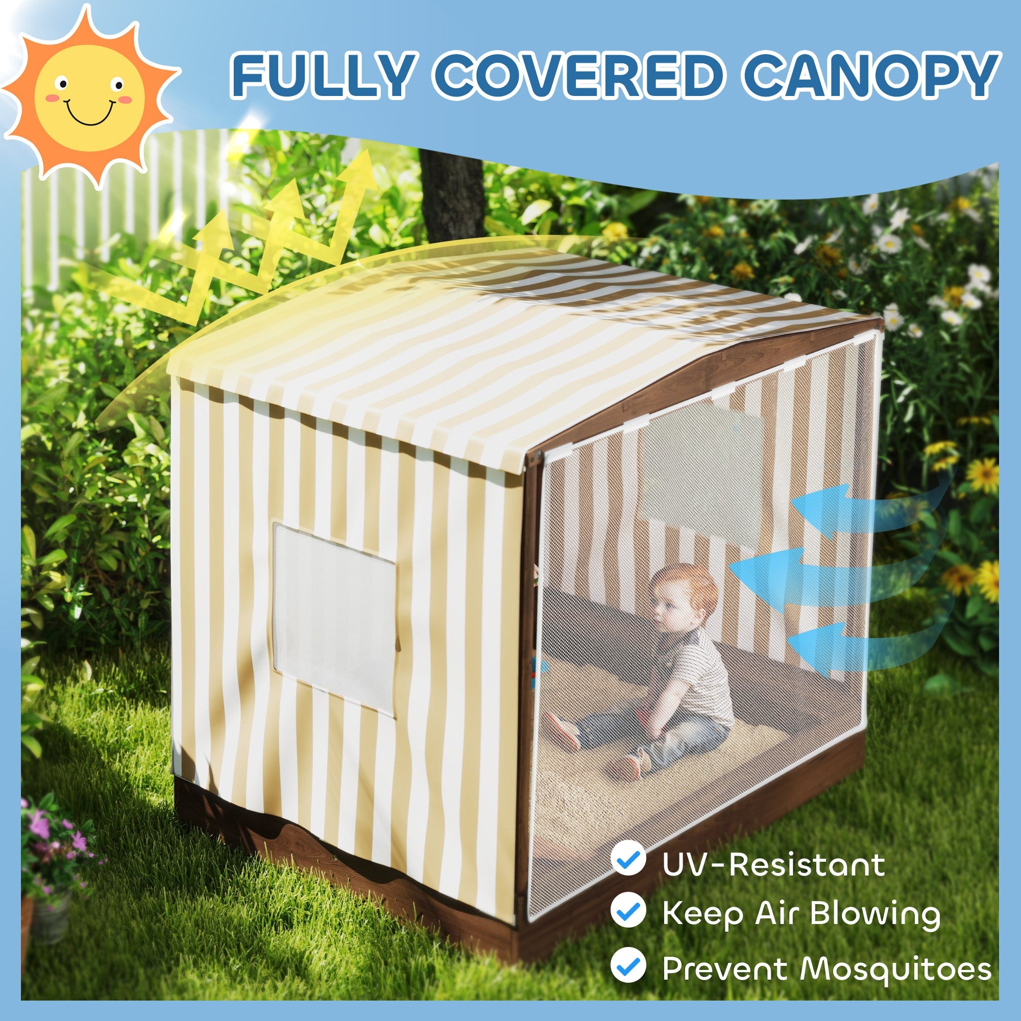 Qaba Kids Sandbox with Full Covered Canopy, Bench Seats, Bottom Liner, for Ages 3-6, 56" x 40" x 52", Brown 