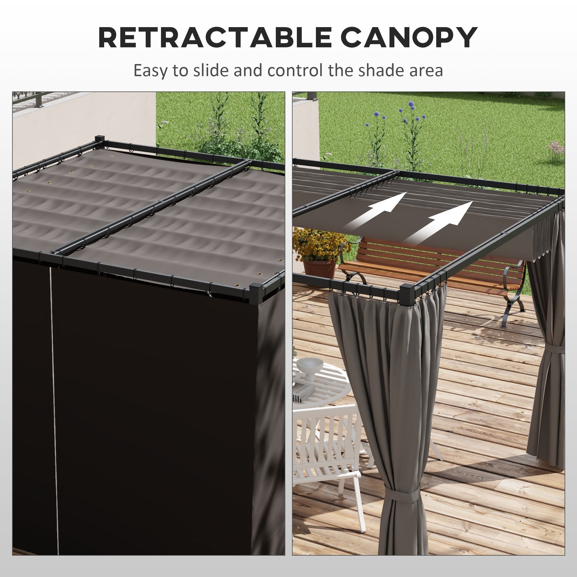 Outsunny 10' x 10' Retractable Pergola, Garden Gazebo Shelter with Curtains, for Grill, Patio, Deck, Light Grey 