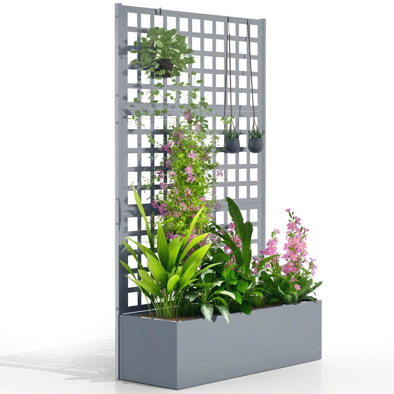 Galvanized Raised Garden Bed Planter Box with Trellis for Climbing Plant Vegetable Vine, 43"x16"x70", Grey Wood Effect