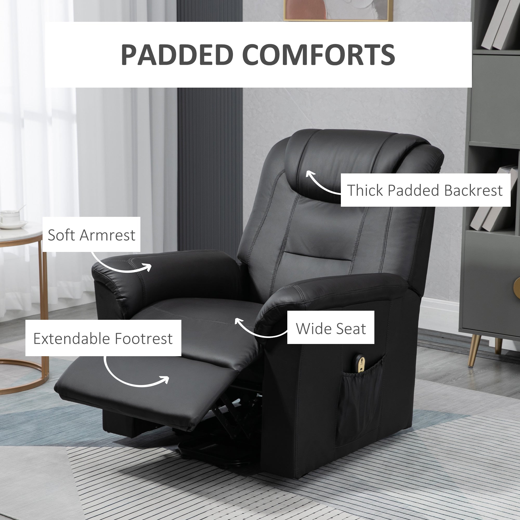 HOMCOM Electric Power Lift Recliner for Seniors PU Leather Sofa with Footrest Remote Black Living Room 