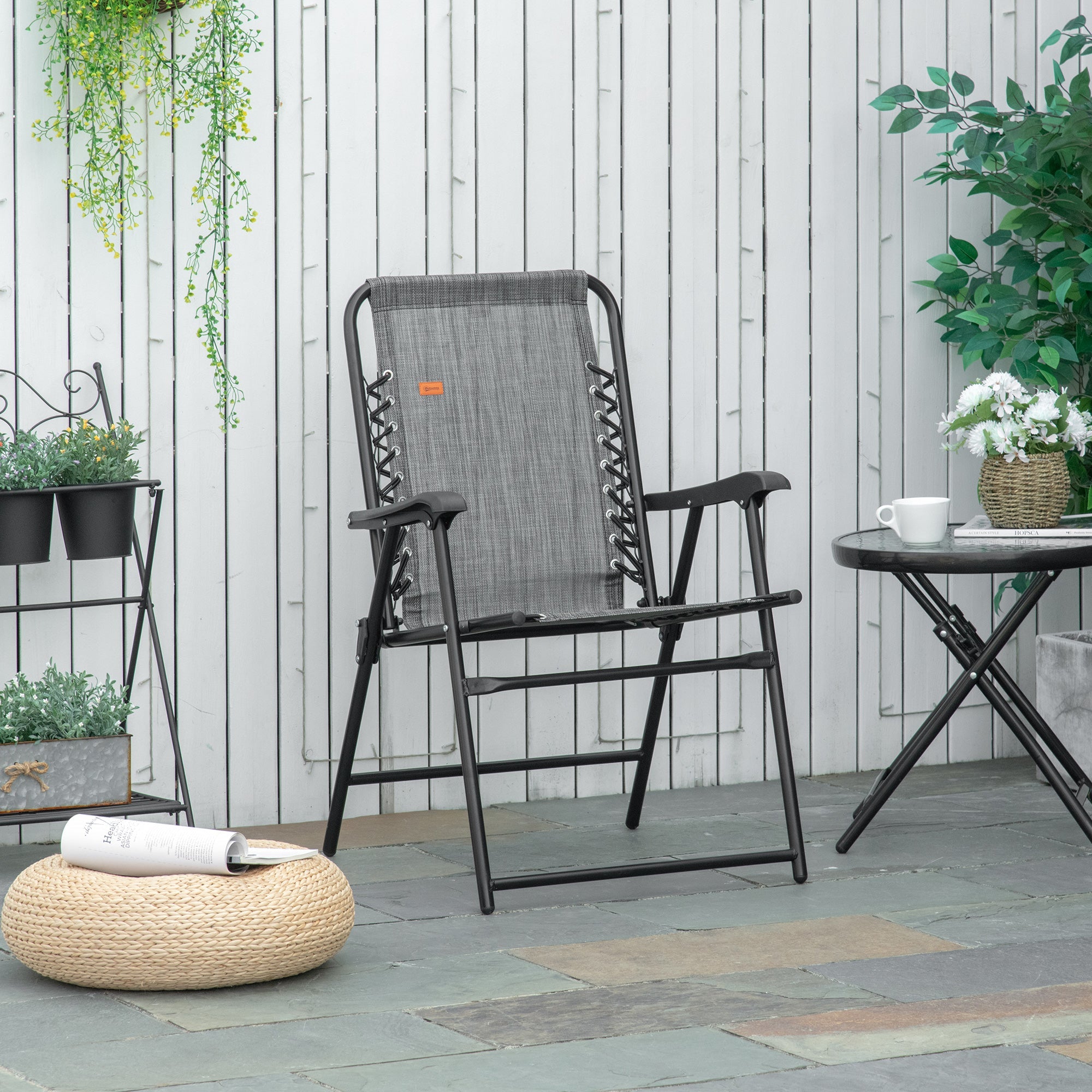 Outsunny Outdoor Folding Chair, Bungee Sling Foldable Chair with Armrests, Folding Lawn Chair for Camping, Garden, Pool, Beach, Backyard, Grey 