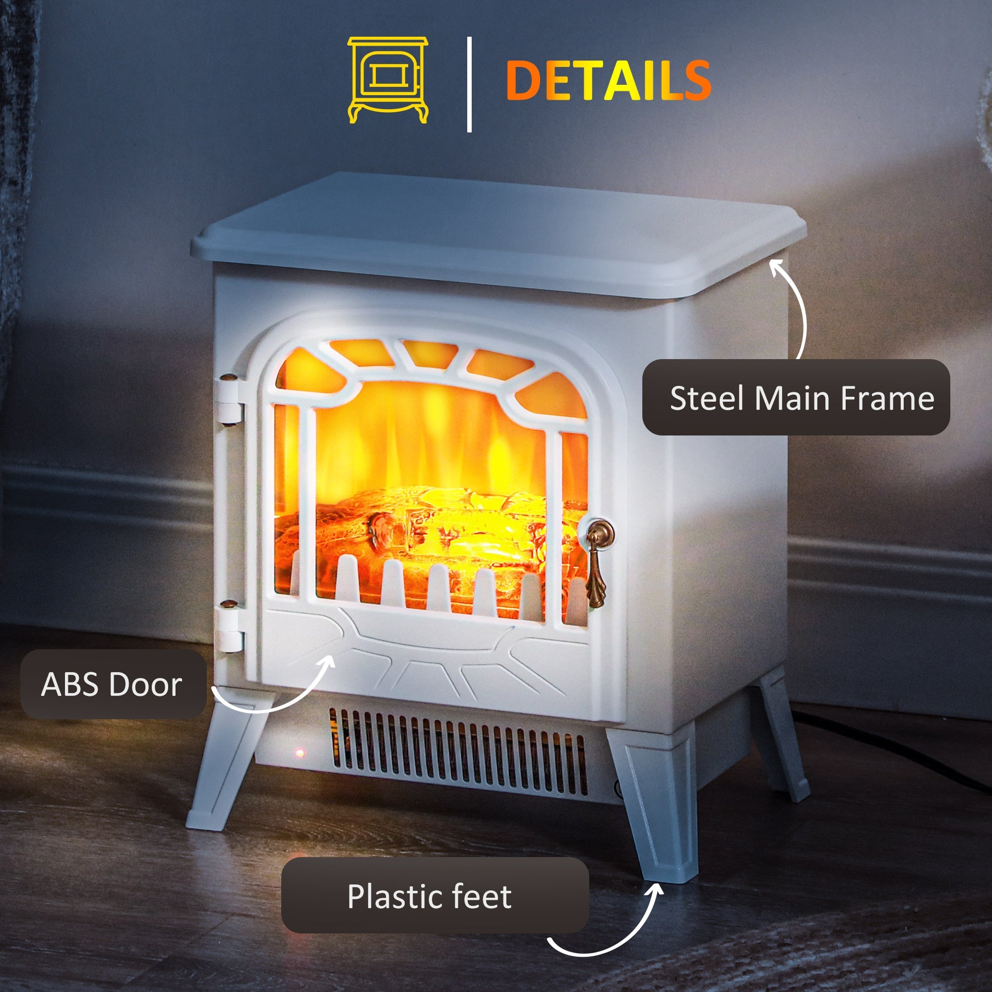 HOMCOM Freestanding Electric Fireplace Stove Heater with Overheat Protection and Realistic Flame Effect, 750W/1500W, White 