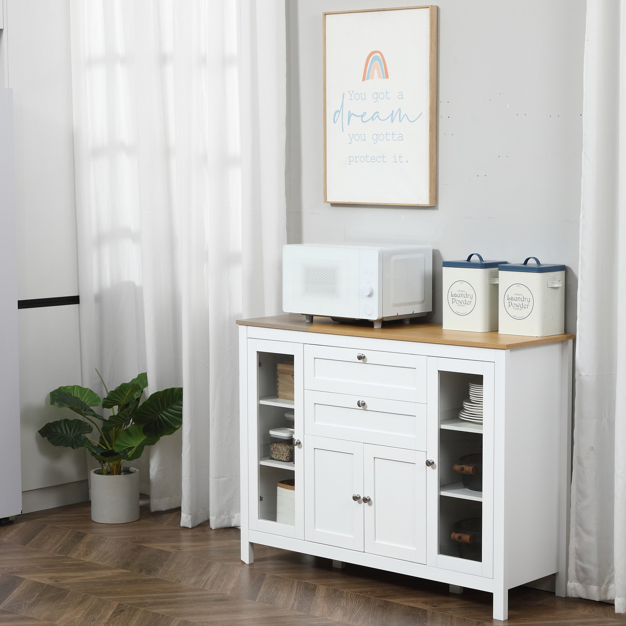 HOMCOM Oak and White Buffet Cabinet: Modern Sideboard with Glass Door Storage Cupboard and Adjustable Shelves for Kitchen, Living Room 