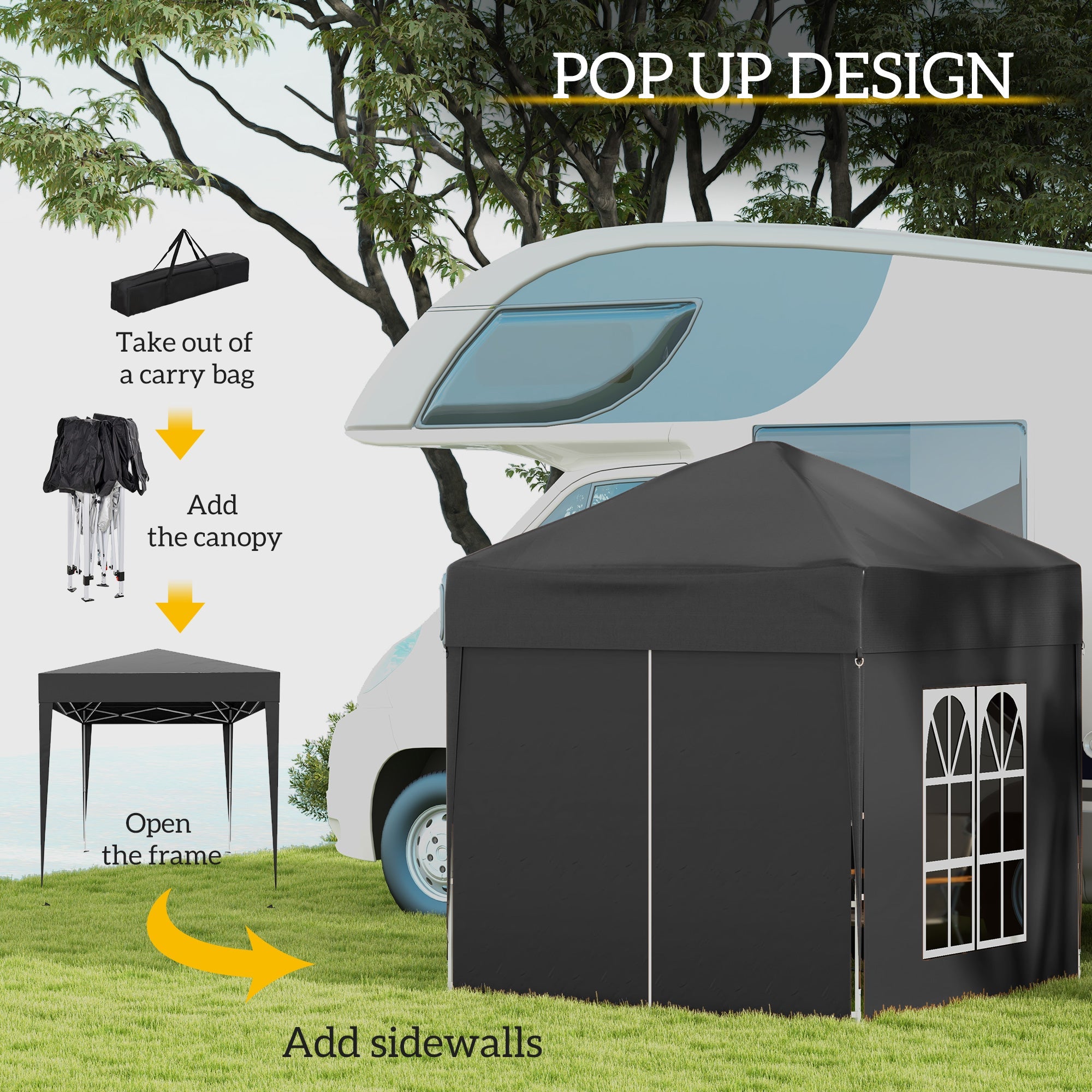 Outsunny 6.6x6.6ft Easy Pop Up Party Tent with Side Walls - Outdoor Folding Gazebo, Black 