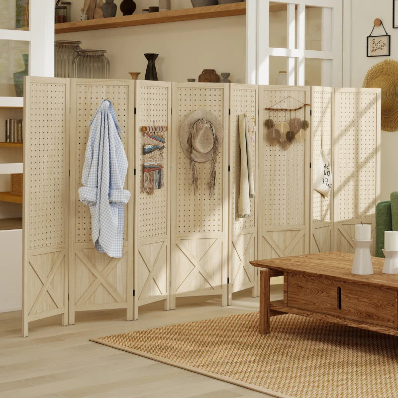 Wooden Room Divider with Pegboard Display, 8 Panel Folding Privacy Screen for Home Office, Natural Wood