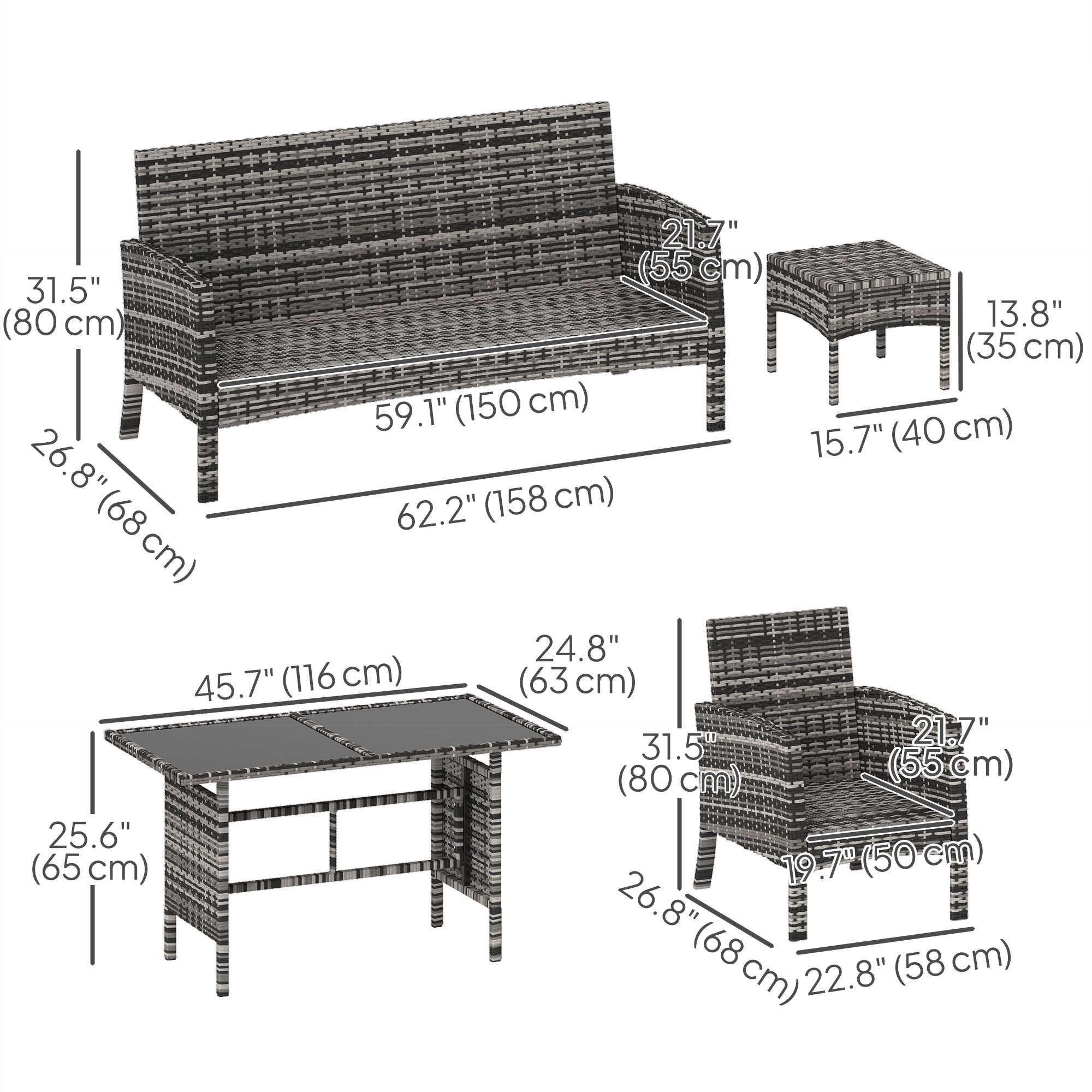 Outsunny 6 Piece Patio Furniture Set with Patio Chairs, Ottomans, Sofa, Glass Top Table and Cushions, Wicker Rattan Outdoor Furniture Set for Backyard, Porch, Navy Blue 