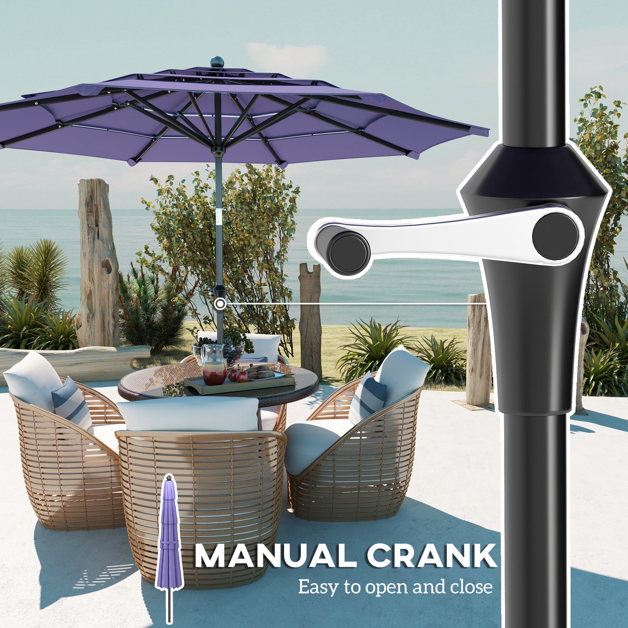 Outsunny 10.7FT Patio Umbrella with 8 Ribs, Crank, Push Button Tilt, Air Vents, for Backyard, Deck and Lawn, Purple 