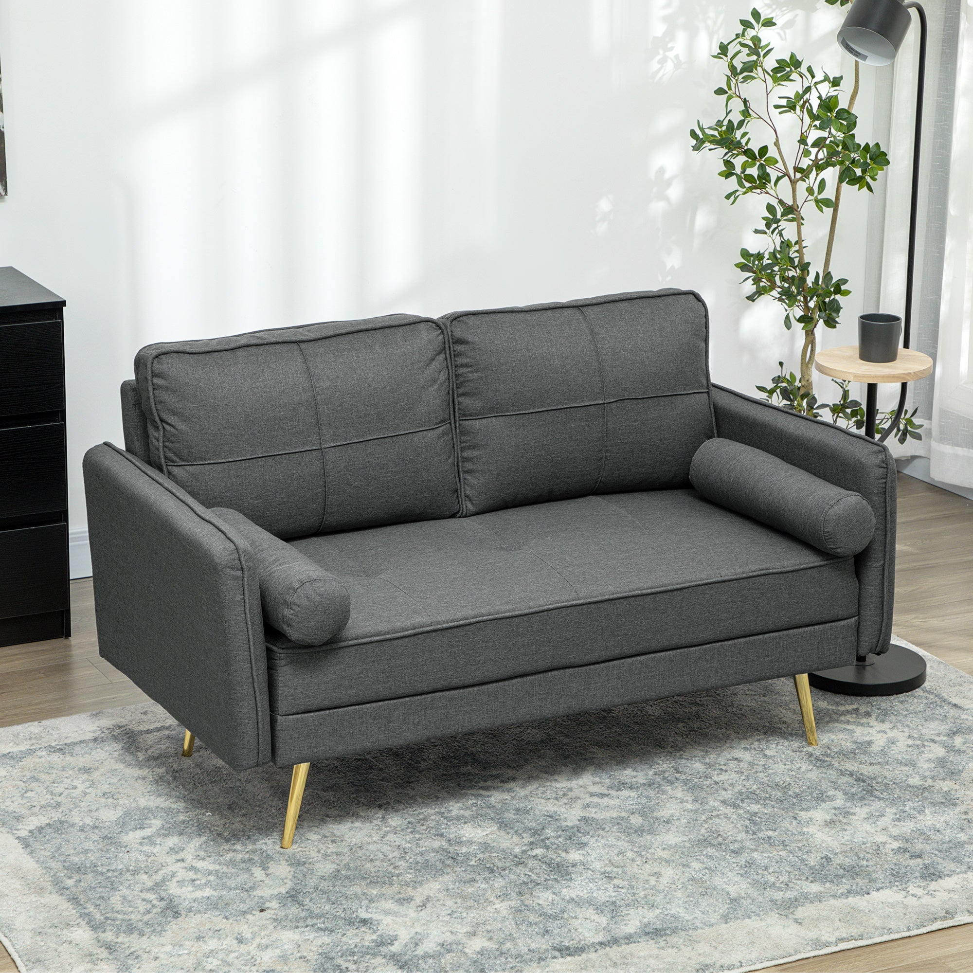 HOMCOM 56" Loveseat Sofa for Bedroom Upholstered 2 Seater Couch with Back Cushions and Pillows, Dark Grey 