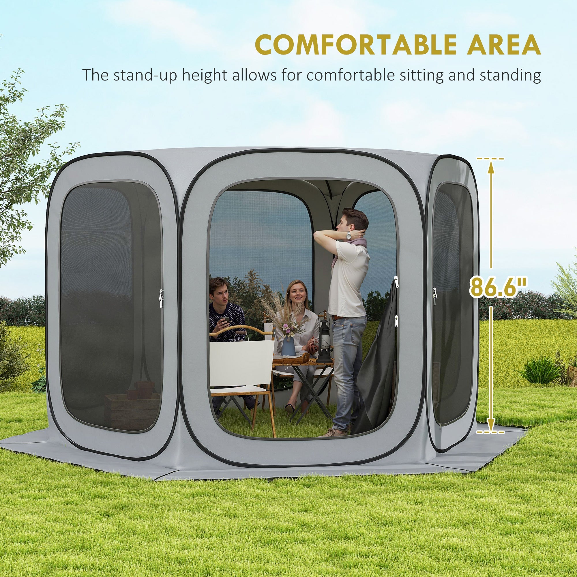 Outsunny 11 x 11ft Screen House, UPF50+ Portable Camping Tent with Bug Net & Carry Bag for Outdoor Leisure, Light Grey 