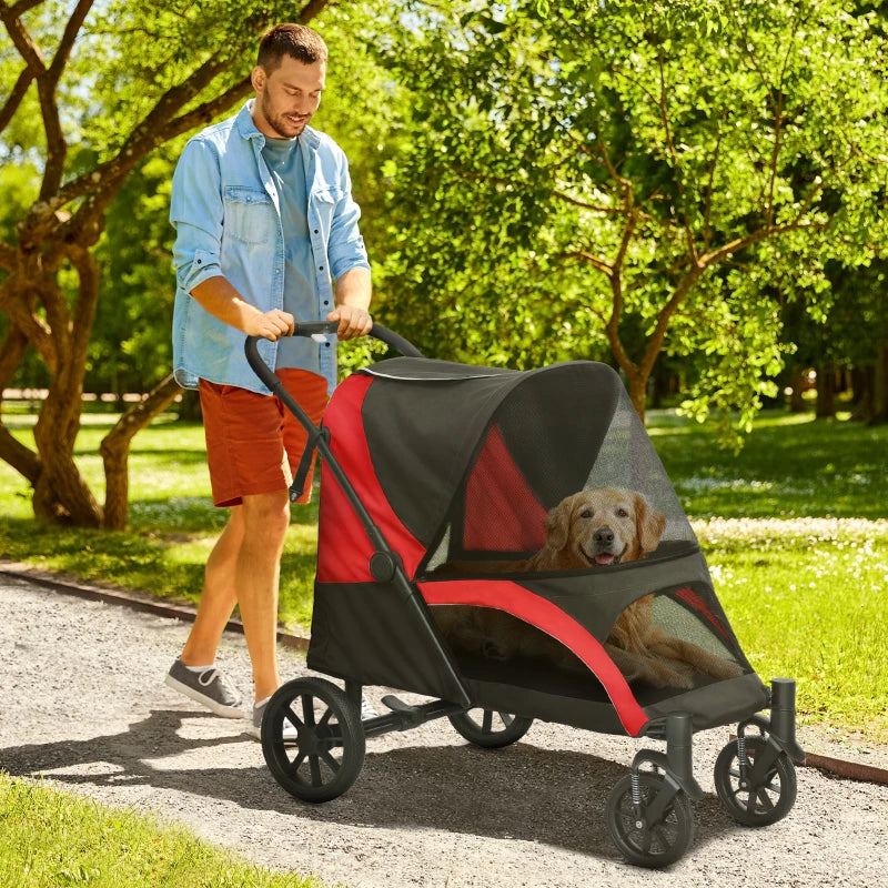 Foldable Pet Stroller for Large Dogs with Four Big Wheels, Shock-Absorbing Frame, Safety Leashes, Brakes, Black