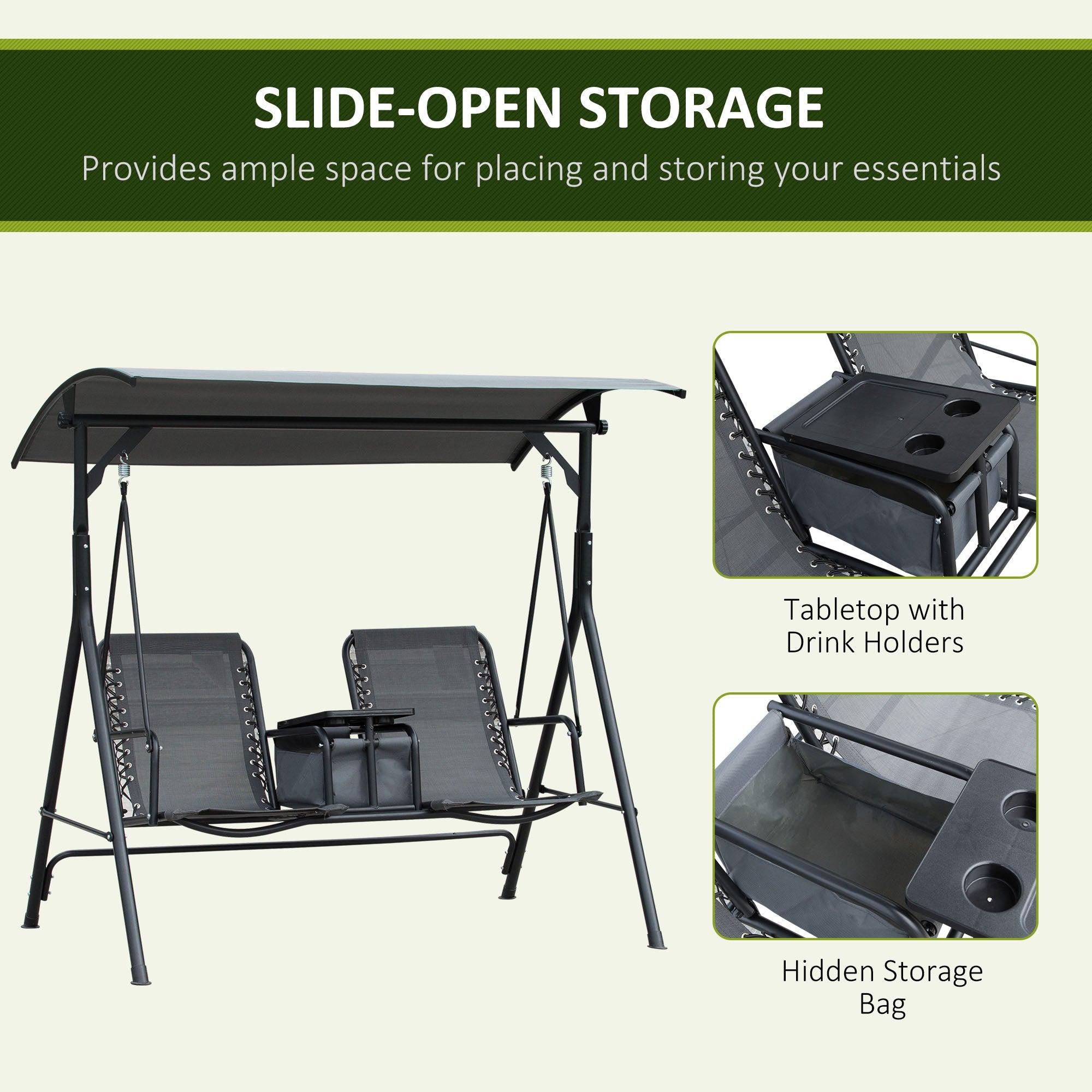 Outsunny 2-Person Patio Swing Chair Covered Porch Swing with Pivot Storage Table, Cup Holder, & Adjustable Overhead Canopy, Grey 