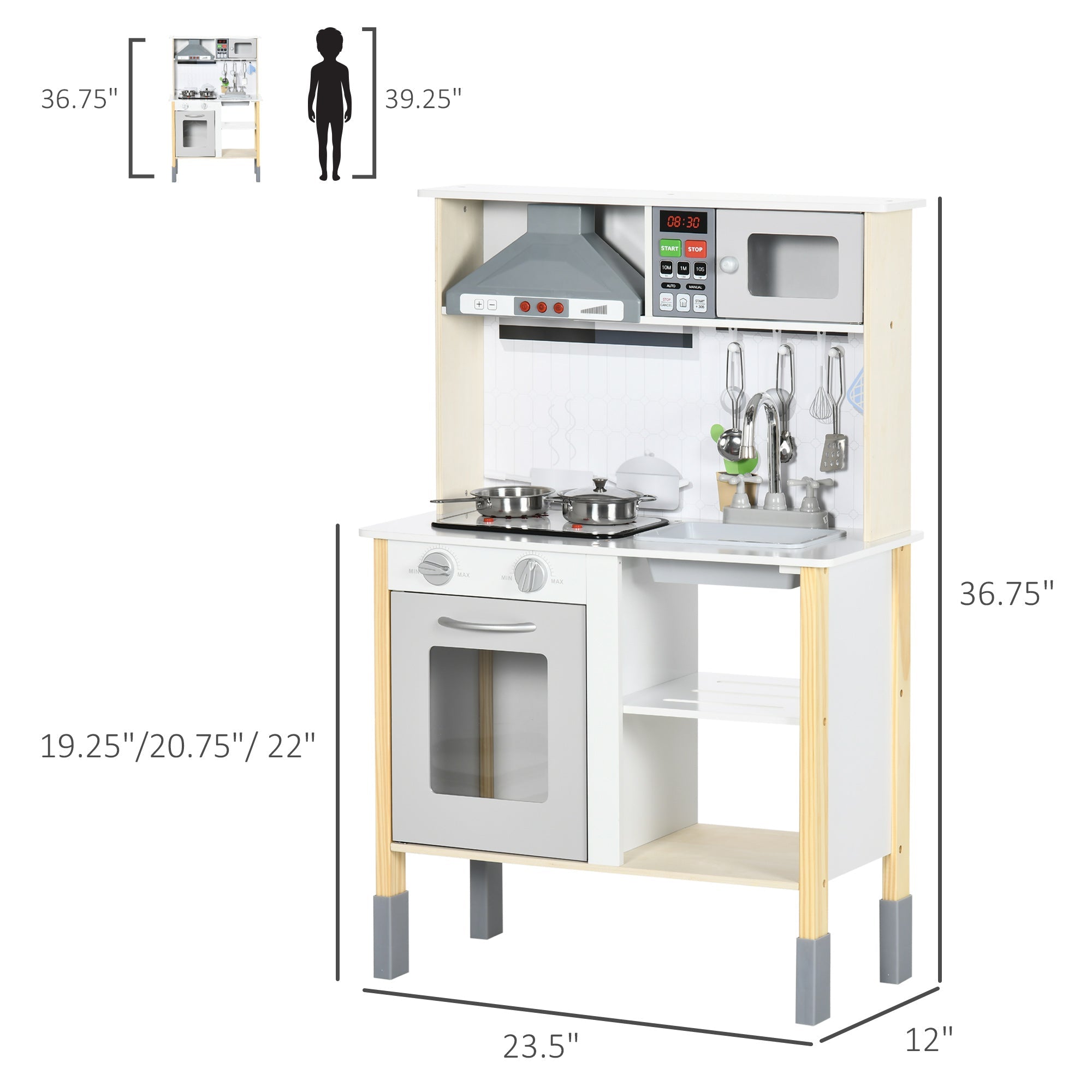 Qaba Interactive Wooden Kitchen Set for Kids - Realistic Lights, Sounds, Adjustable Height, Complete with Microwave and Hood 