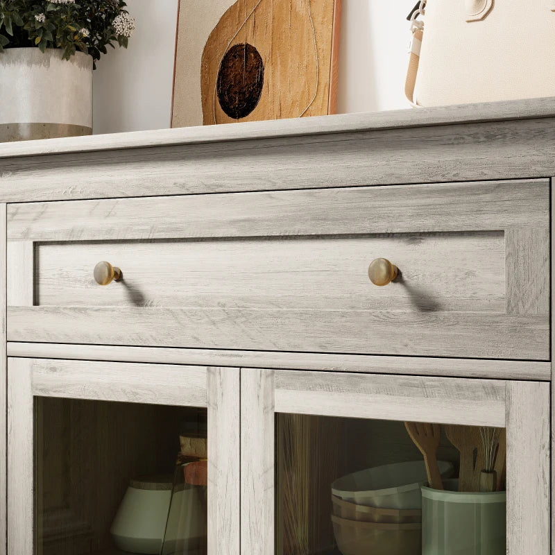 Dining Room Sideboard Buffet Cabinet with Storage, Coffee Bar Cabinet with Glass Doors and Adjustable Shelves, Weathered Grey Oak