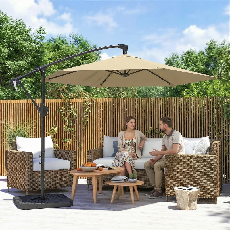 9.7 ft Offset Patio Umbrella with Water/Sand Fillable Weights, Garden Hanging Parasol with Locking Latch, Khaki