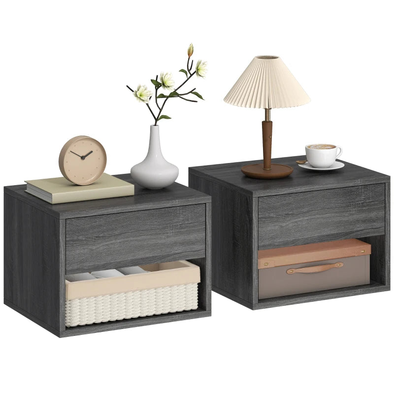 Floating Nightstand Set of 2, Wall Mounted Bedside Table with Drawer for Bedroom, Grey