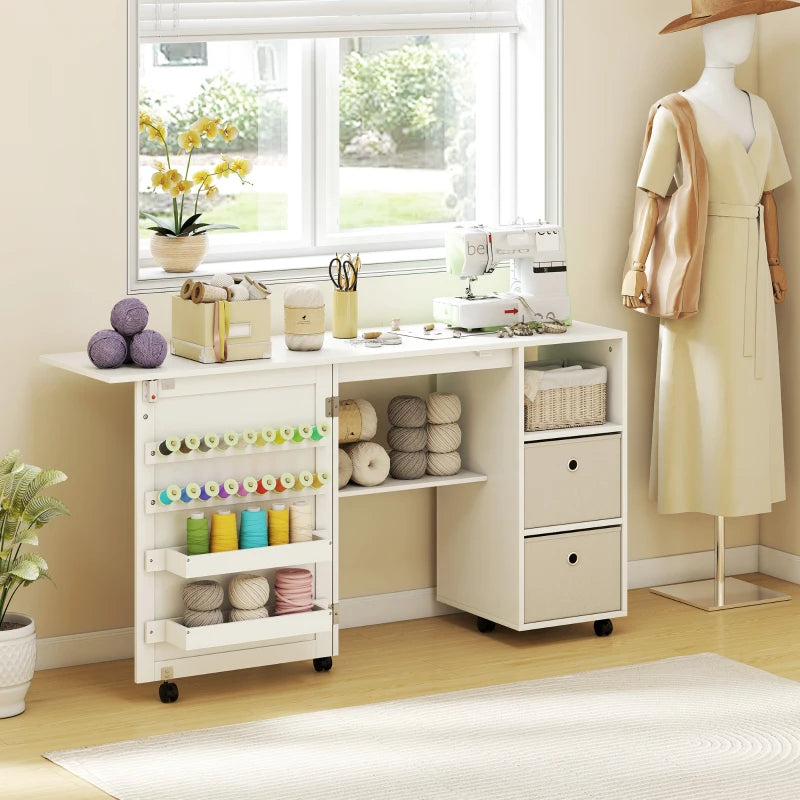 Rolling Sewing Machine Table with Power Outlet, Folding Craft Table with 2 Fabric Drawers, 2 Bins and 18 Pegs, White