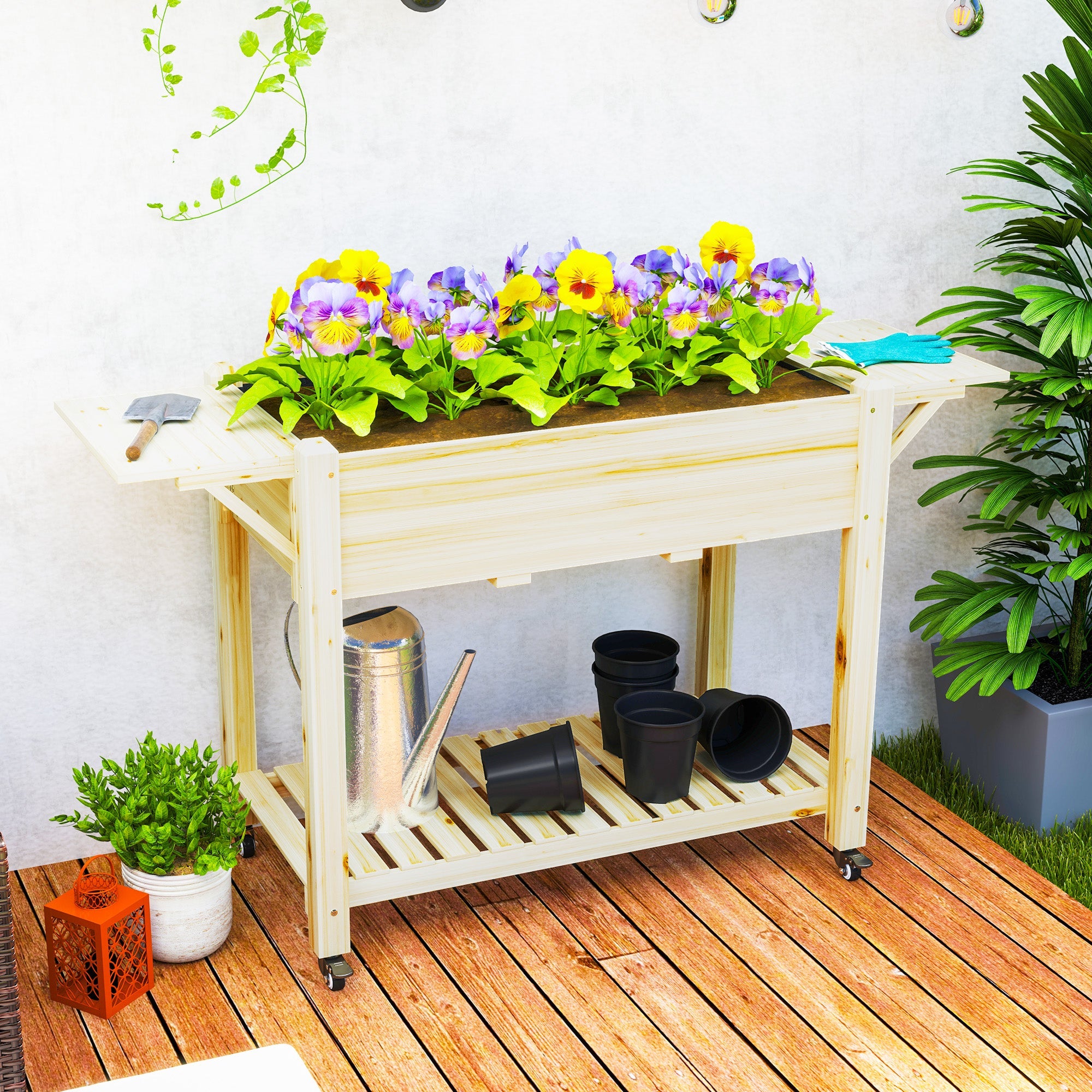 Outsunny Raised Garden Bed, Wood Planter Box with Lockable Wheels, Side Tables, Bottom Shelf, Bed Liner, Drain Holes, Natural 