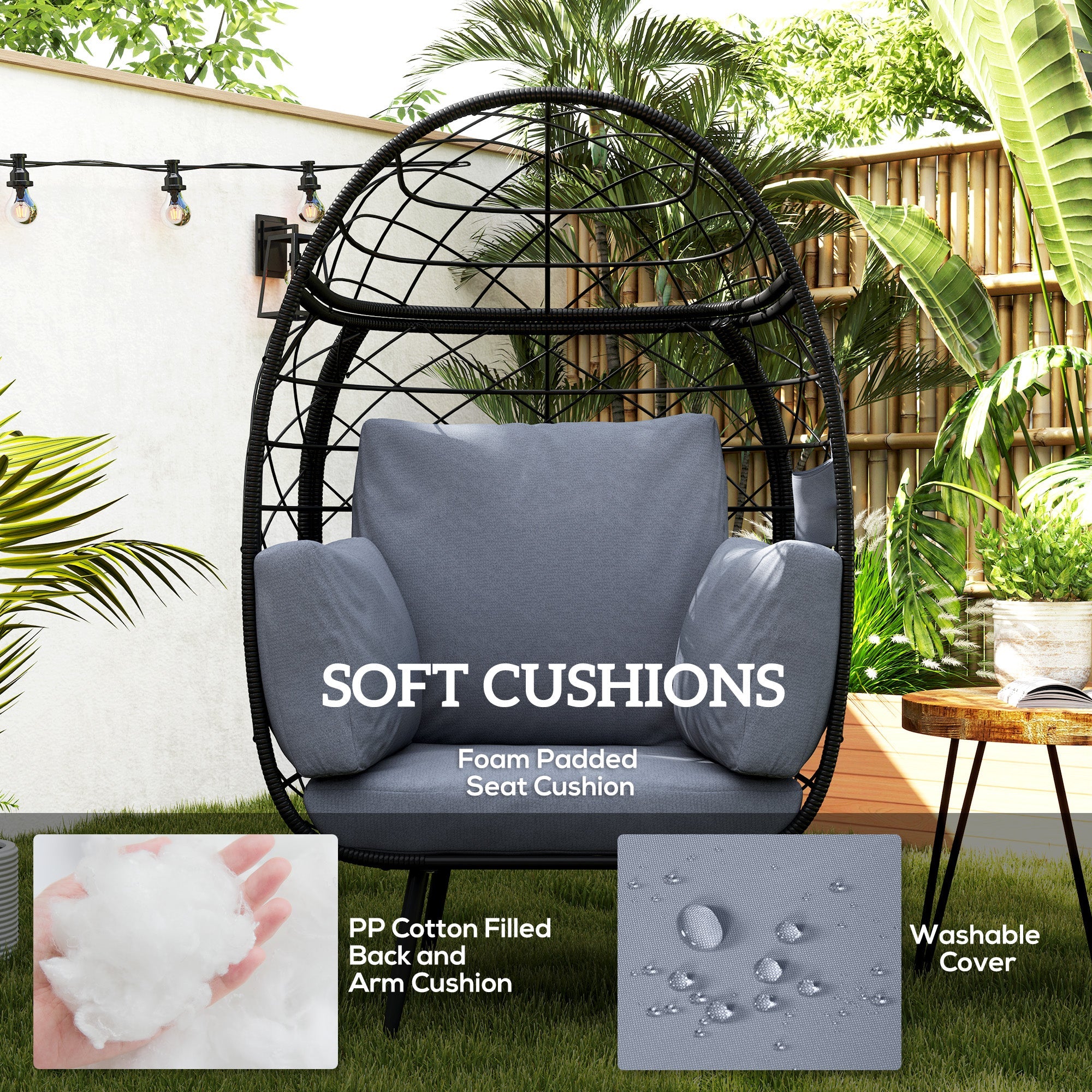 Outsunny Rattan Egg Chair, Indoor Outdoor Lounger with Cushions and Cup Holder for Backyard, Garden, Lawn, Living Room, Grey 