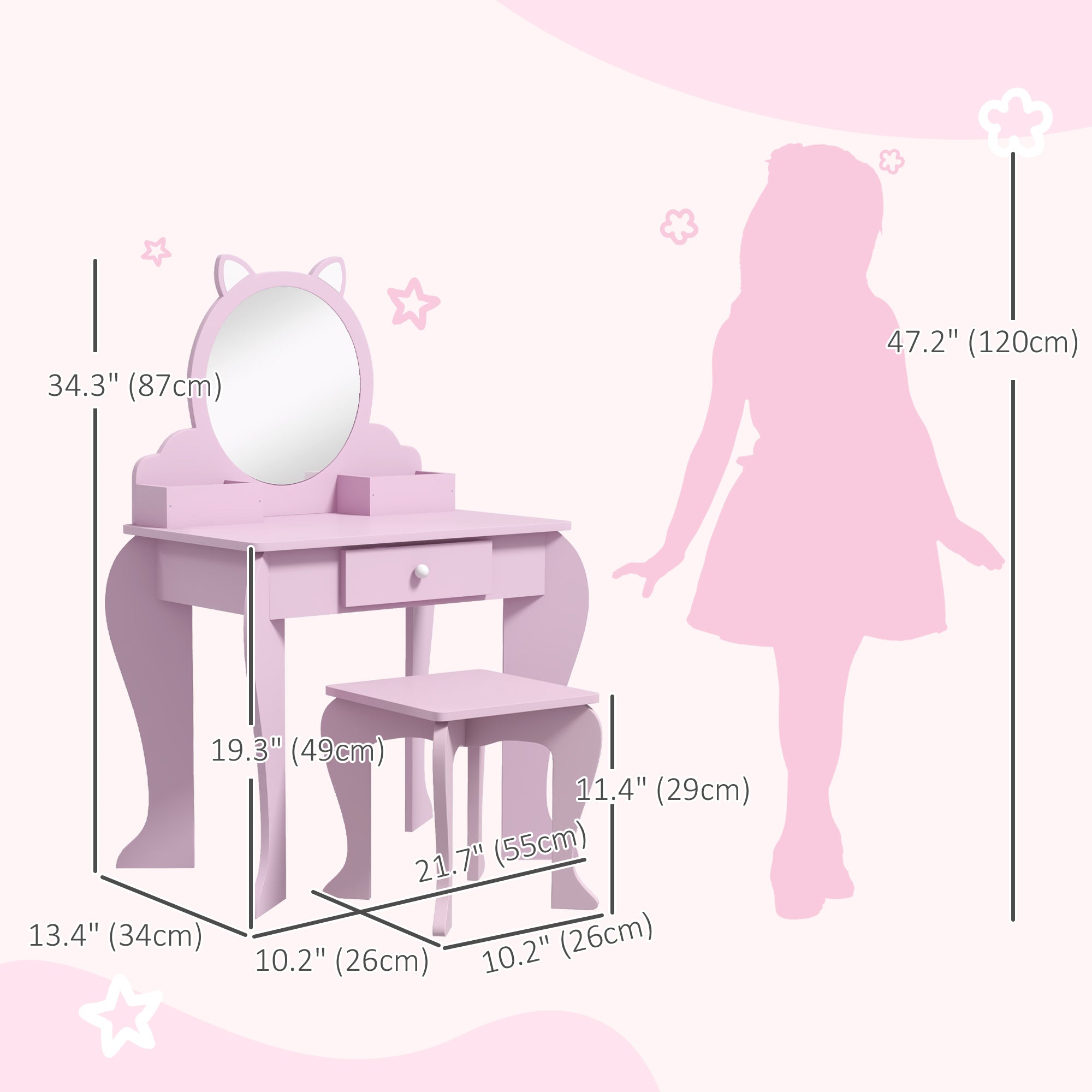 Qaba Makeup Vanity with Mirror and Stool Cat Design Drawer Storage Boxes for 3-6 Years Old Pink 