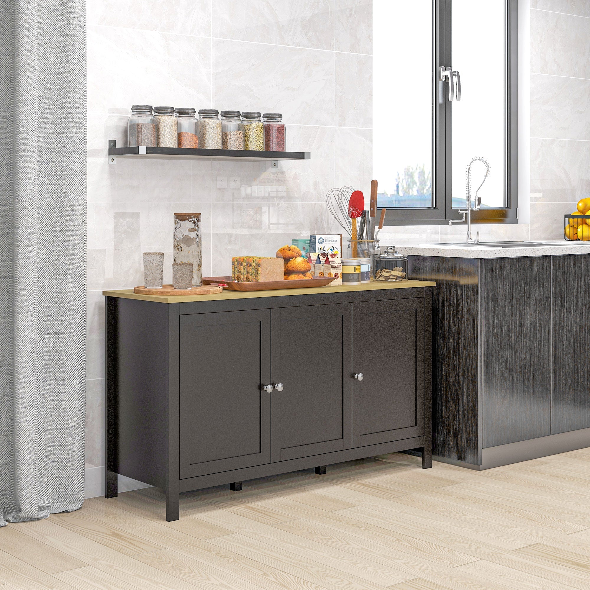 HOMCOM Sideboard Buffet Storage Cabinet Doors Adjustable Shelves Living Room Entryway Black Natural 