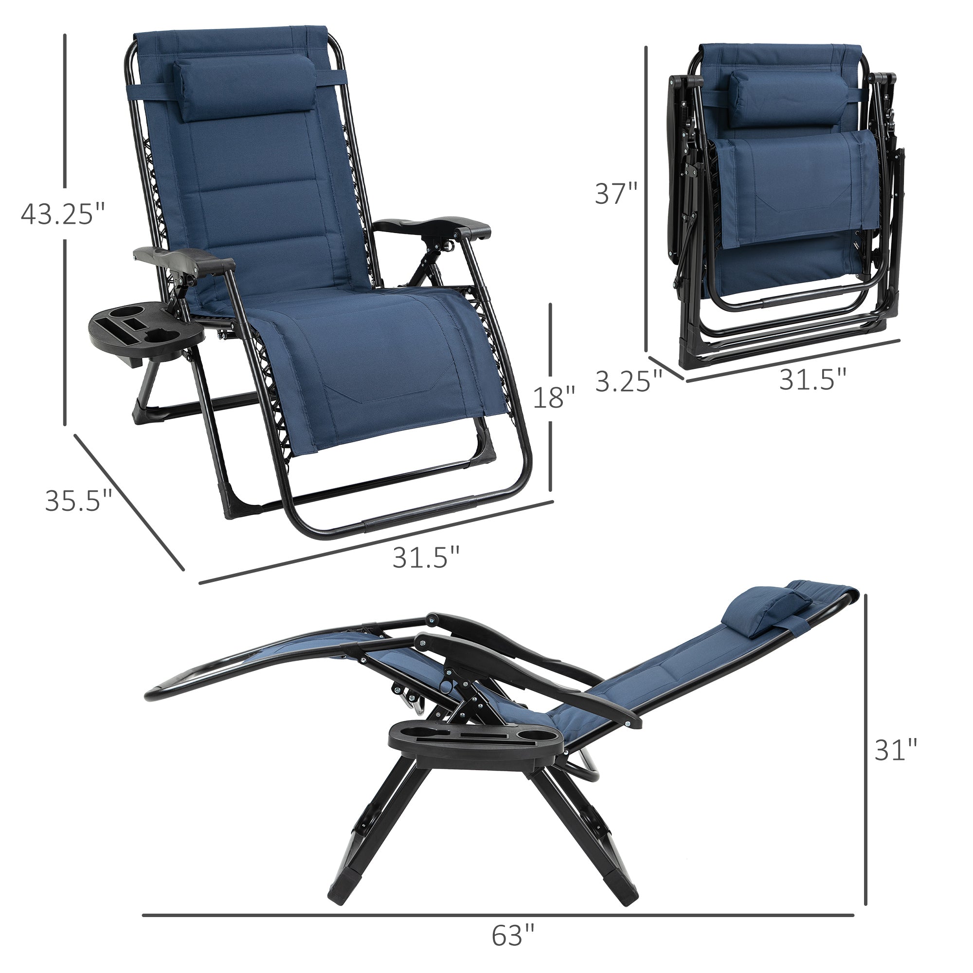 Outsunny Zero Gravity Lounger Chair, Padded Folding Reclining Patio Chair with Cup Holder, Headrest, for Poolside, Camping, Blue 