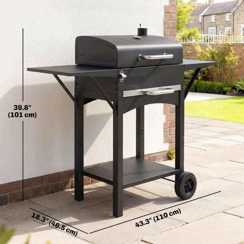 Charcoal Grill with 2 Side Tables, Barbecue Grill with Thermometer and Warming Rack, Wheels, 43.3"x18.3"x39.8", Black