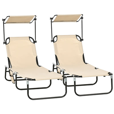 Outsunny Outdoor Chaise Lounge Chairs Set of 2 with Recliner Back and Sunshade for Pool Beach Patio Tan 