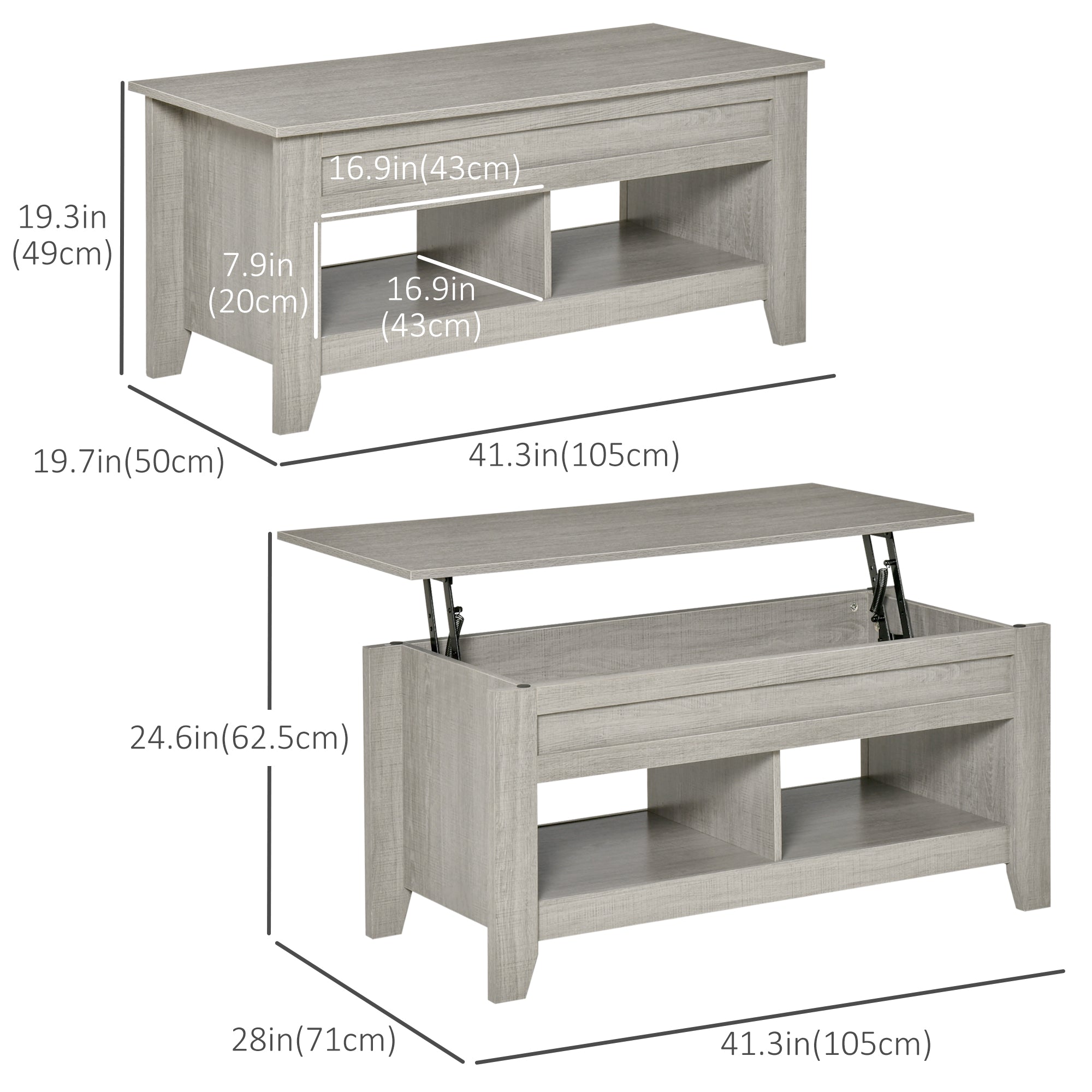 HOMCOM Light Grey Lift Top Coffee Table: Pop-Up Center Table with Hidden Storage, Open Shelves for Living Room 