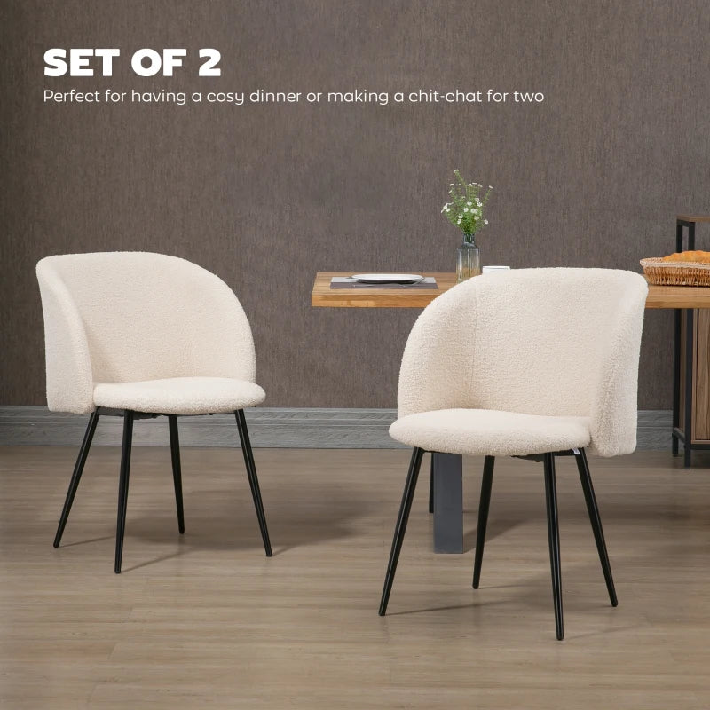Dining Chairs Set of 2, Sherpa Fleece Upholstered Kitchen Chairs with Backrest and Steel Legs, Cream White