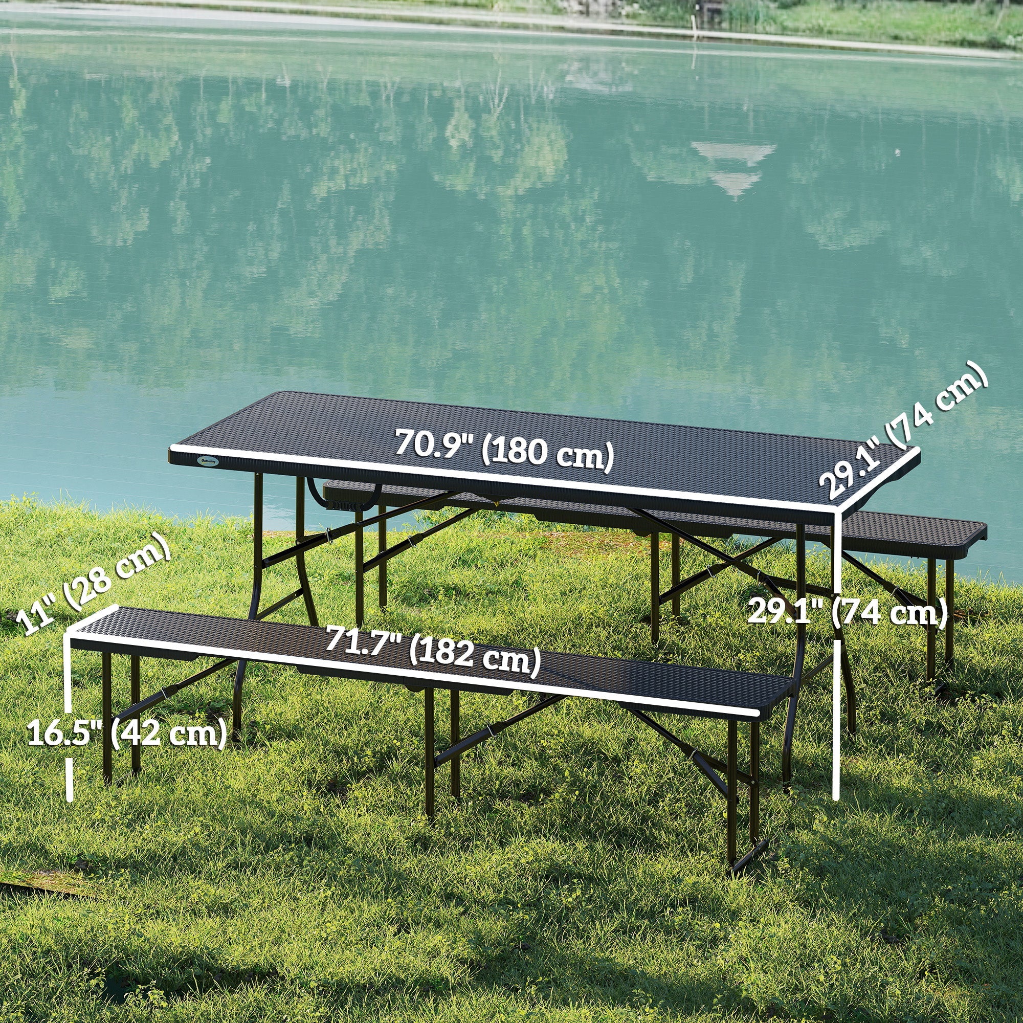 Outsunny 6FT 3PCS Faux Rattan Outdoor Camping Table Bench Set with Carrying Handles, Folding Picnic Table with 2 Benches, Black 