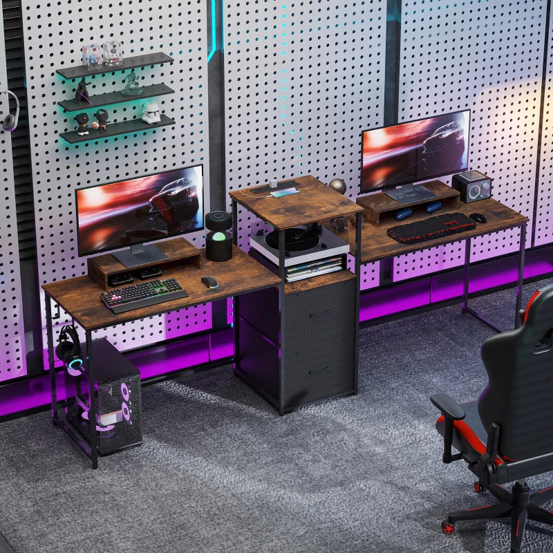 96 Inch Gaming Desk, Dual Computer Desk for 2 Person with Power Outlets and Monitor Stands, Rustic Brown