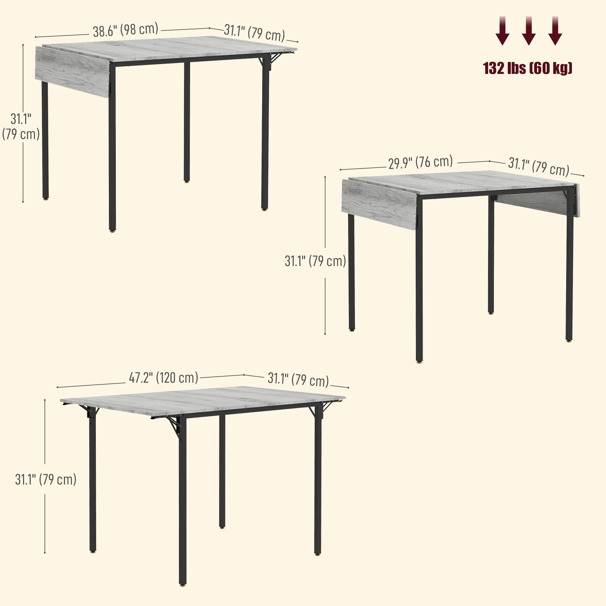 HOMCOM Drop Leaf Folding Extendable Dining Table Small Space Kitchen 2 to 4 People Grey 