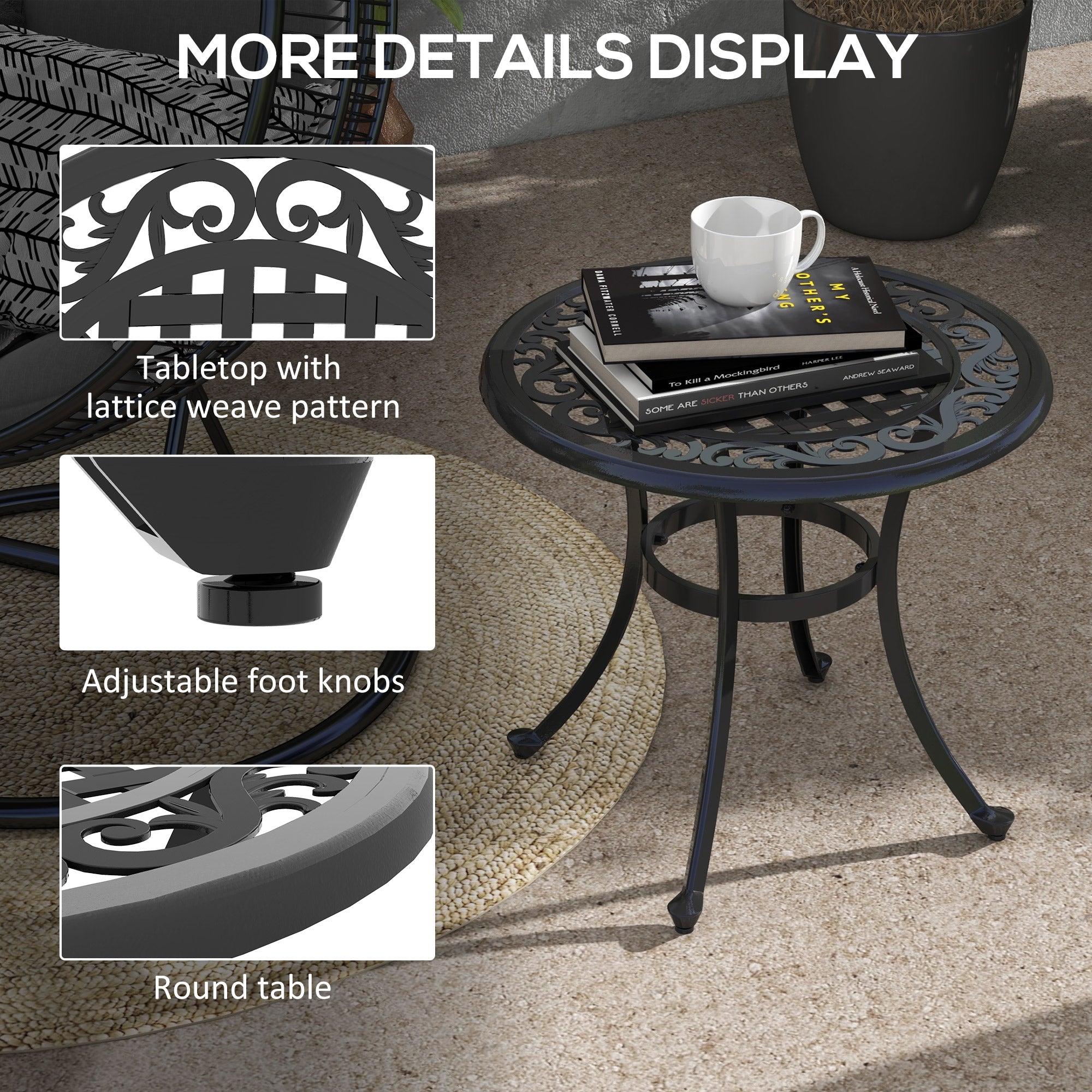 Outsunny Patio Table, Round Side Table with Cast Aluminium Frame, Adjustable Feet for Patio, Garden, Balcony, Black 