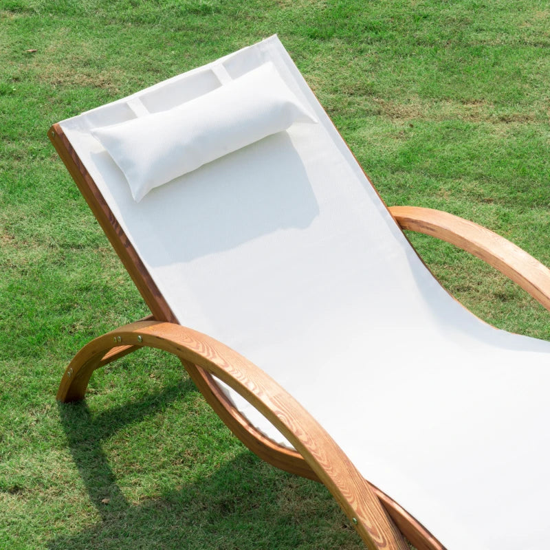 Outdoor Wood Sling Chaise Lounge Reclining Garden Mesh Lounger Patio Chair with Headrest Cream