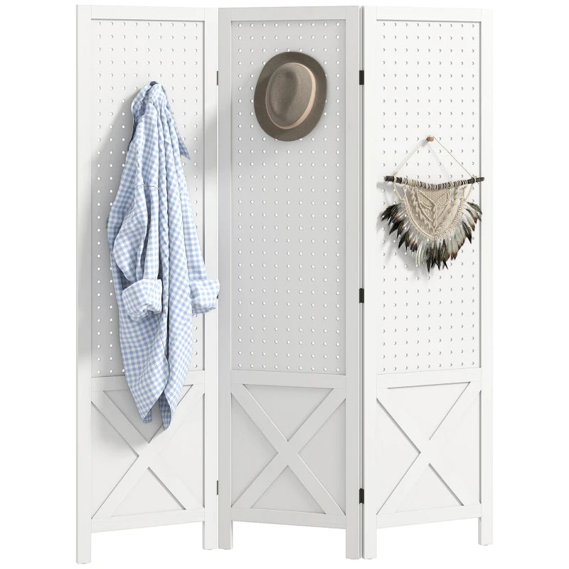 56.9" 3 Panel Wooden Room Divider with Pegboard Display, Folding Privacy Screen for Home Office, White