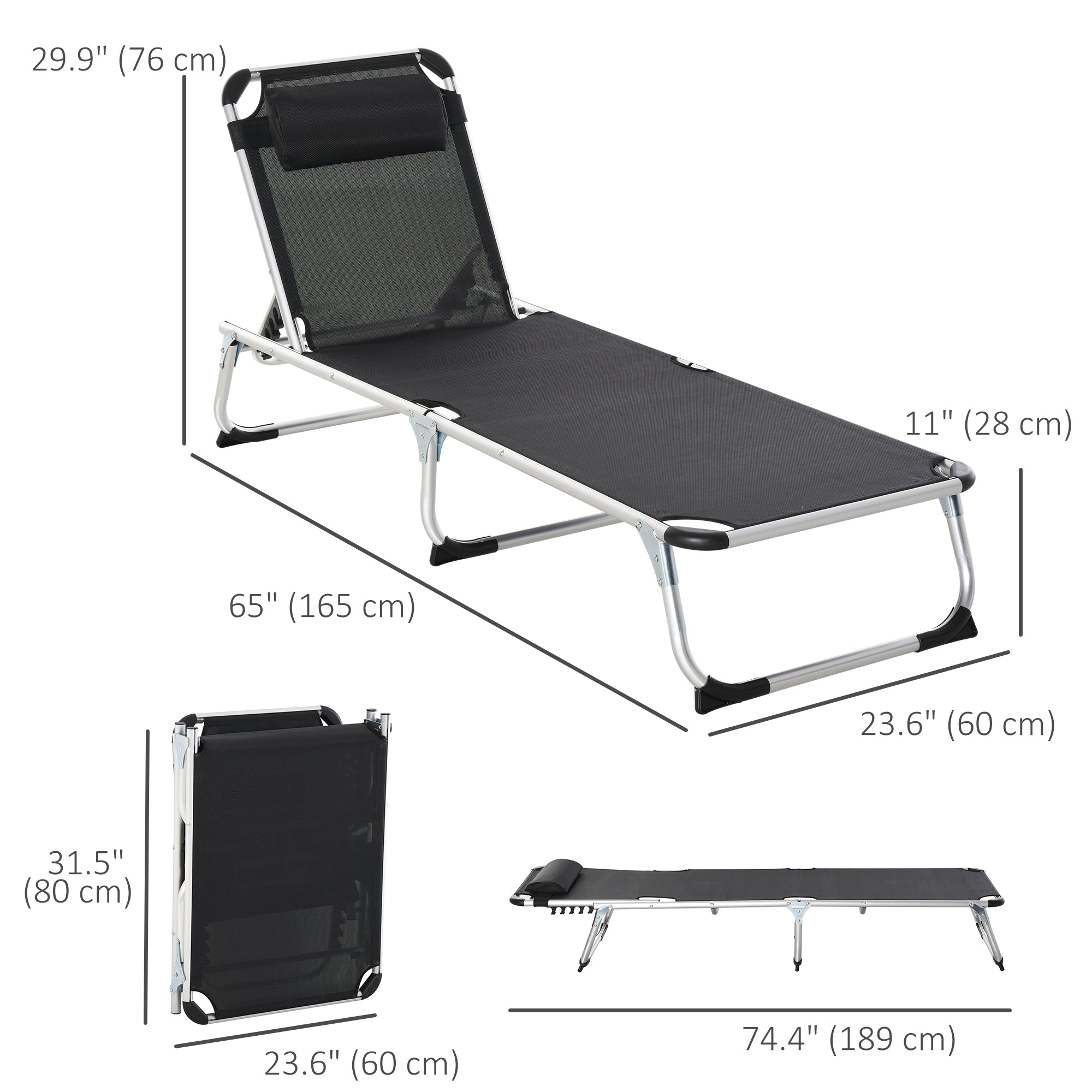Outsunny Adjustable Folding Lounge Chair Patio Recliner with Headrest Aluminum Frame 5-Position Black 