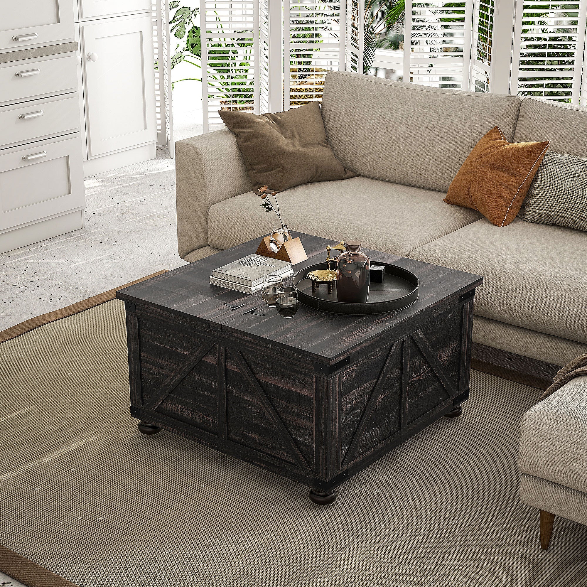 HOMCOM Farmhouse Coffee Table, Square Center Table with Flip-top Lids, Hidden Storage Compartment and Wooden Legs, Distressed Brown 