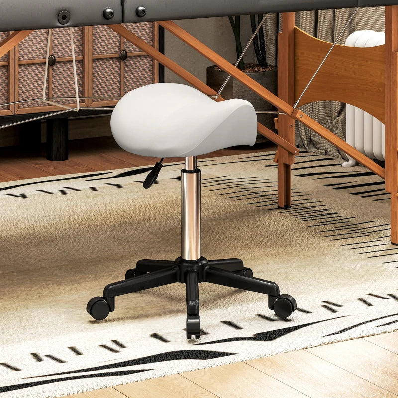 Saddle Stool, Adjustable Rolling Stool, White
