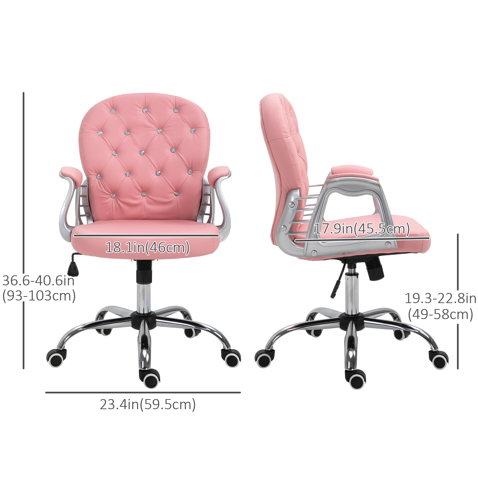 Vinsetto 360° Swivel Office Chair Vanity Style Tufted Backrest Task Chair with Height Adjustable, Armrests and Thick Padding, Pink 