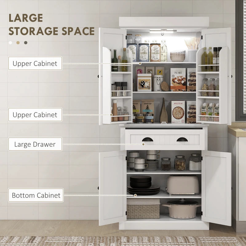 71" Kitchen Pantry Cabinet with LED Lights, 6 Spice Racks, a Drawer and 4 Adjustable Shelves, White