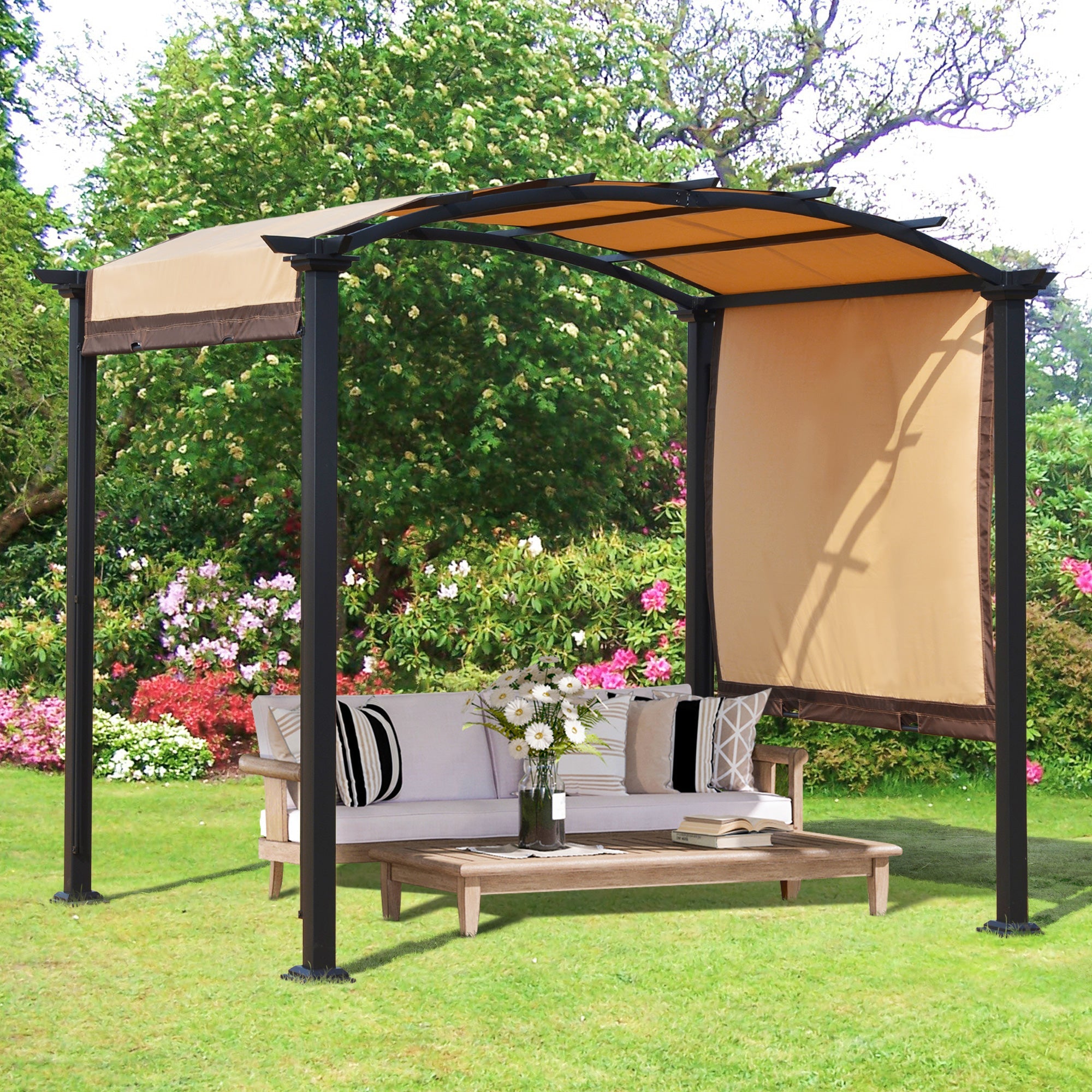 Outsunny 10' x 8' Outdoor Retractable Canopy Pergola Steel Frame Patio Pergola Shelter Sun Shade with Arc Roof, Beige 