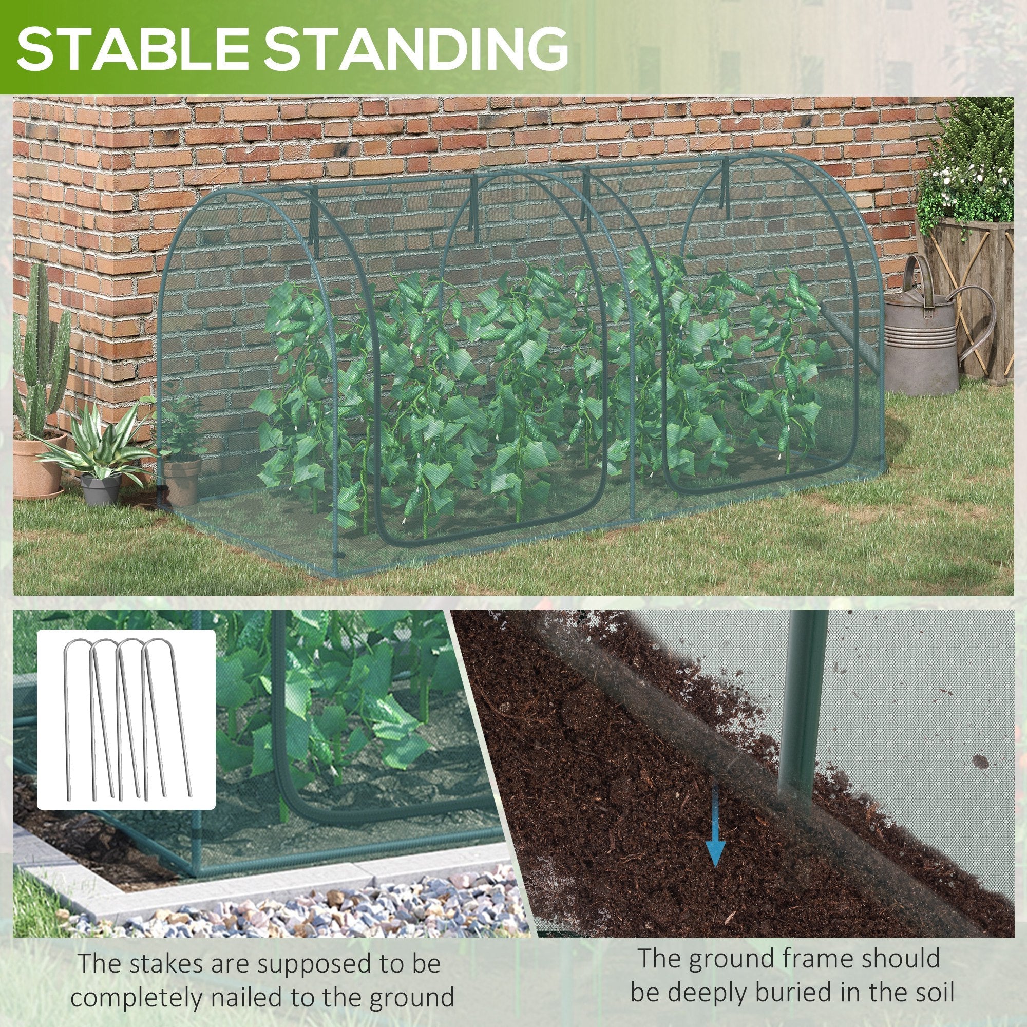 Outsunny 8' x 3' Crop Cage, Garden Plant Protector, with 3 Zippered Doors and 6 Ground Stakes, for Garden, Yard, Lawn Dark Green 