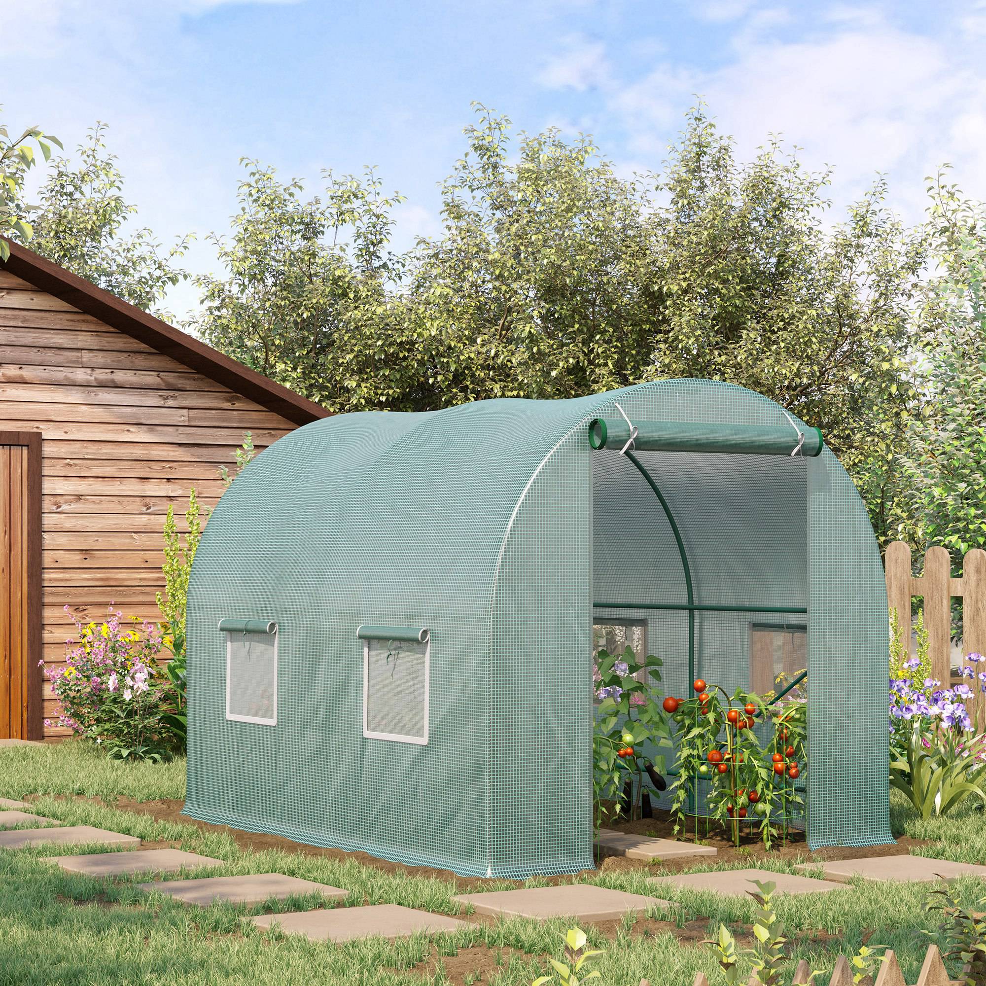 Outsunny Walk-In Greenhouse: 8'x66'x66' Heavy Duty Outdoor Tunnel for Flower & Vegetable Growth, Roll Up Door 