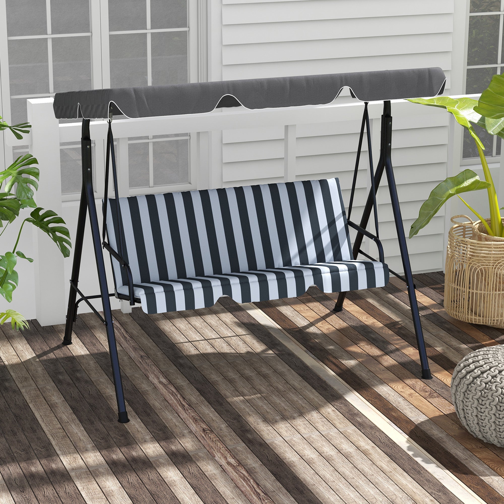 Outsunny 3-Seater Outdoor Porch Swing with Adjustable Canopy Shade: Patio Swing Chair for Garden Poolside Backyard Grey and White 